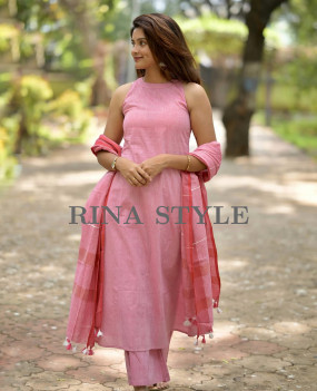 Handloom A-Line Kurti Set with Pure Linen Dupatta