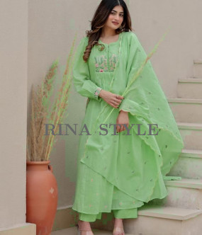 Premium Cotton Kurti Pant Dupatta Set with Elegant Embroidery