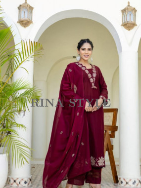 Designer Cotton Embroidered Suit with Pant & Malmal Dupatta