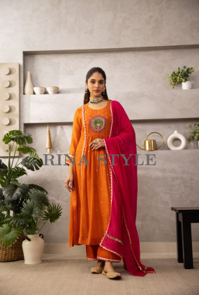 Elegant Anarkali Kurta Set with Malmal Dupatta & Embroidery Work