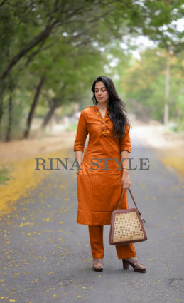 Classy Cotton Slub V-Neck Embroidered Kurti with Pant