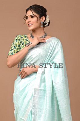 Plain Cotton Linen Saree with Extra Ajrakh Blouse