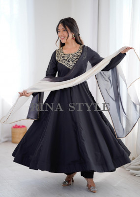 New Kalicut Anarkali Suit in Heavy French Crape with Embroidered Neck & Organza Dupatta