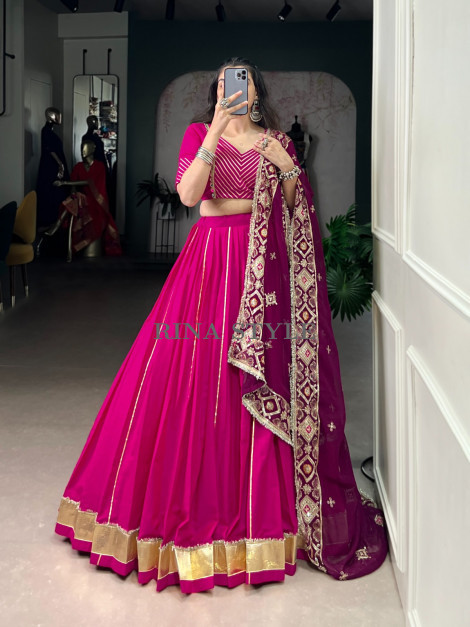 Festive Magenta Lehenga Set with Embroidered Dupatta & Mirror Lace Detailing