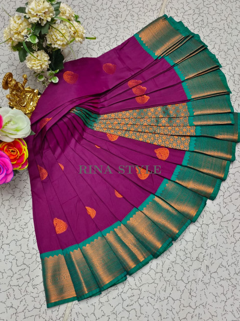 Dharmavaram Style Korvai Silk Wedding Saree with Pink Copper Jari Pallu