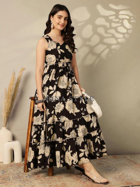 Chic Printed Rayon Gown with Tassel Detailing