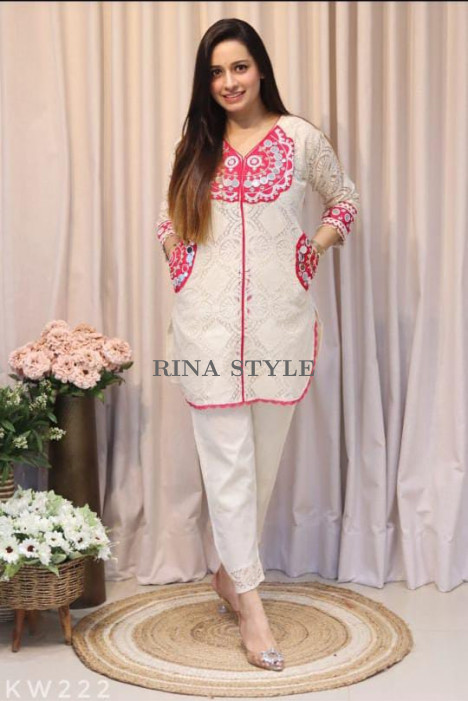 Elegant Cotton Schiffli Coord Set with Embroidery Detailing