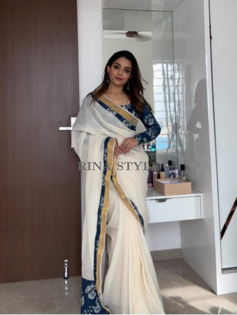 Elegant Plain Linen Saree with Digital Print & Matching Blouse