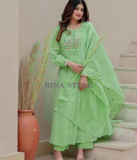 Premium Cotton Kurti Pant Dupatta Set with Elegant Embroidery