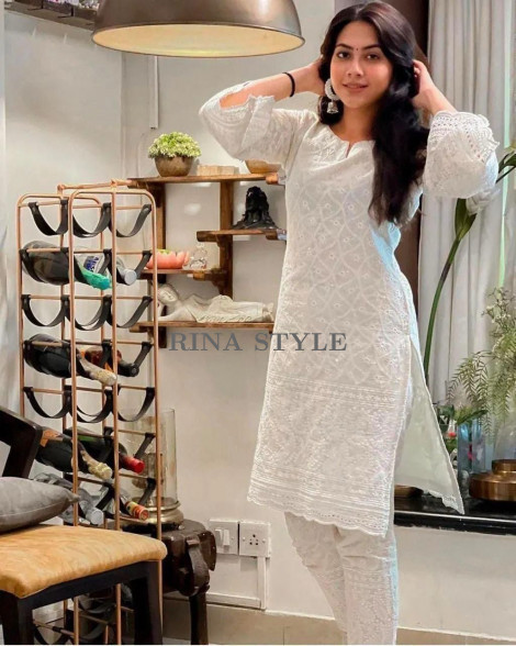 Elegant Cotton Chikankari Kurti with Pant Set (Inner Attached)
