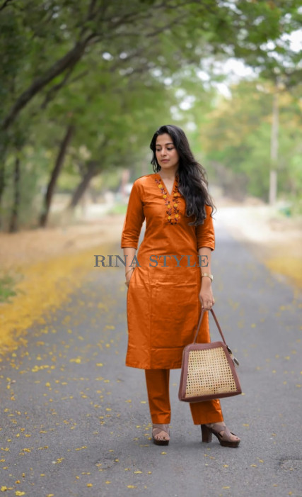 Classy Cotton Slub V-Neck Embroidered Kurti with Pant