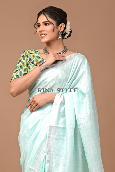 Plain Cotton Linen Saree with Extra Ajrakh Blouse