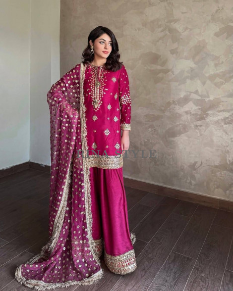 Magenta Chinon Embroidered Sequins With Moti Work Sharara Suit