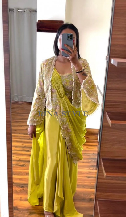 Indo-Western Ready-to-Wear Chinon Drape Saree with Embroidered Koti